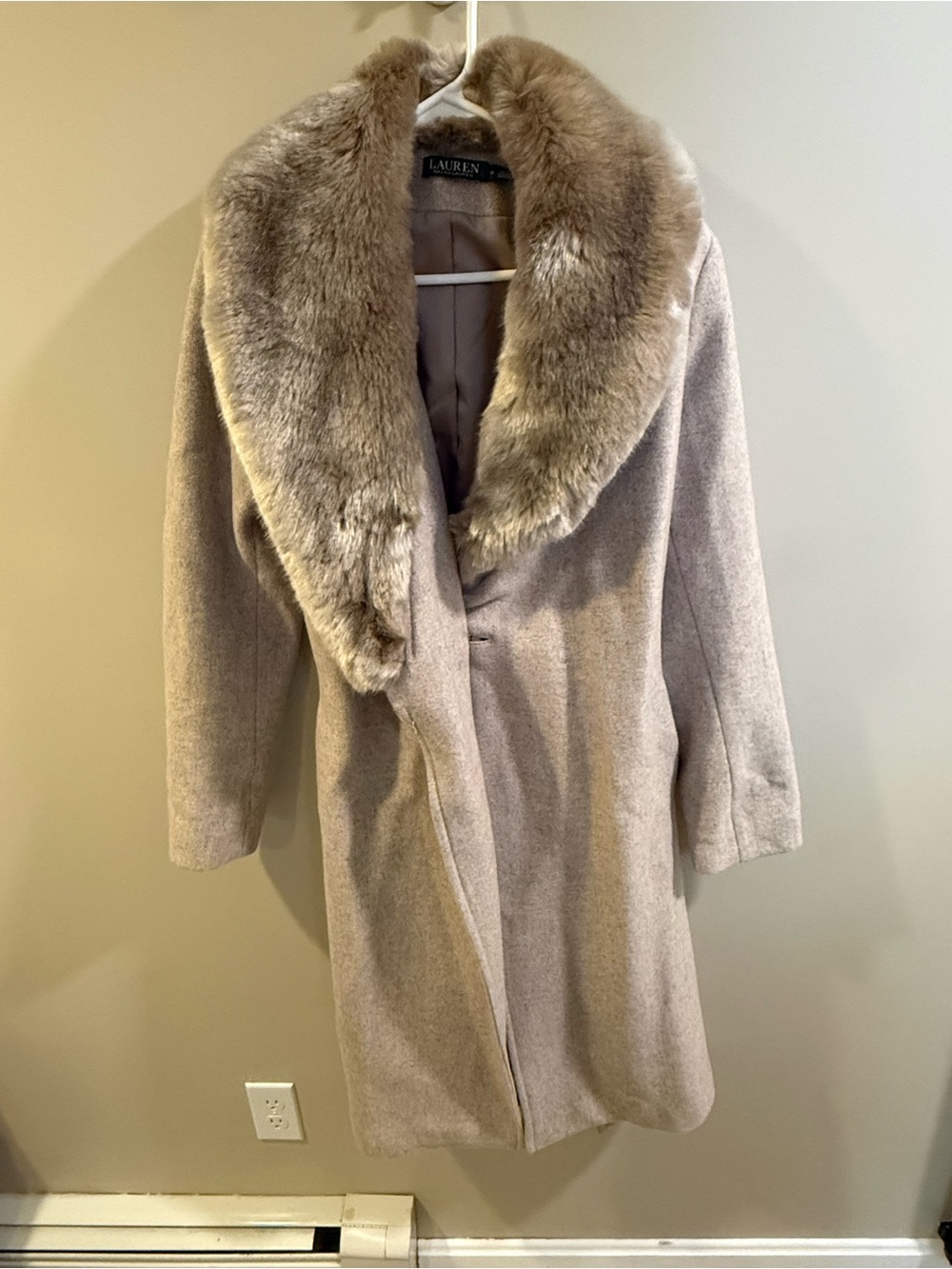 Ralph Lauren Taupe Wool Pea Coat with Plush Fur Collar